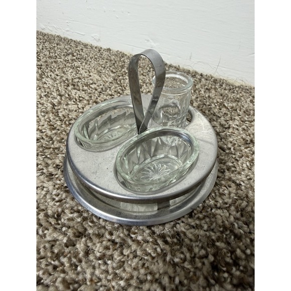 Unmarked Other - Vintage Made in Italy Glass Relish Tray Condiment Caddy Metal Carrier 3 Dish Set